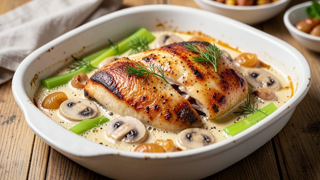 Baked Chicken Stroganoff Recipe: Crispy Celery Crowns Over Creamy Mushroom Swirls