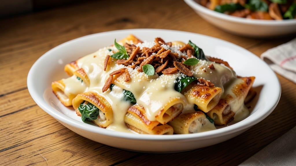 Maggiano's Chicken and Spinach Manicotti Copycat Recipe: Creamy Herb Swirls With Crispy Celery Crown Topping