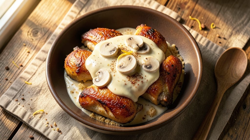 Baked Chicken Thighs With Cream Of Mushroom Soup Recipe: Crispy Skin and Rich Mushroom Gravy in One Pan