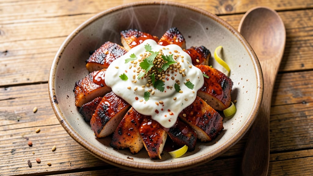 Devil Chicken Recipe: Crispy Celery Crowns Over Spicy Yogurt Swirls