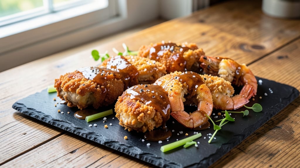 Bang Bang Chicken And Shrimp Copycat Recipe: Crispy Celery Crowns Over Creamy Herb Swirls in One Pot