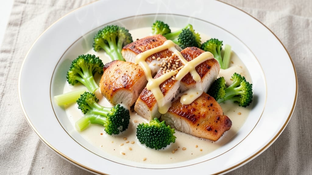 Chinese Chicken and Broccoli White Sauce Recipe: Velvety Herb Cream With Crispy Celery Crowns
