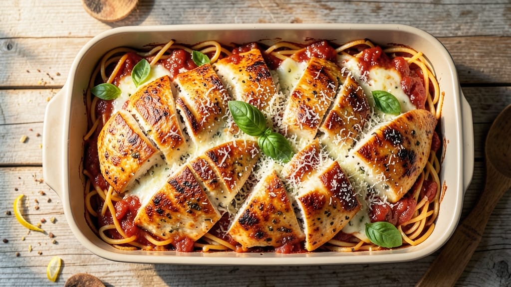 Baked Chicken Parmesan Spaghetti Casserole Recipe: Cheesy Crisp-Topped Comfort in One Bake